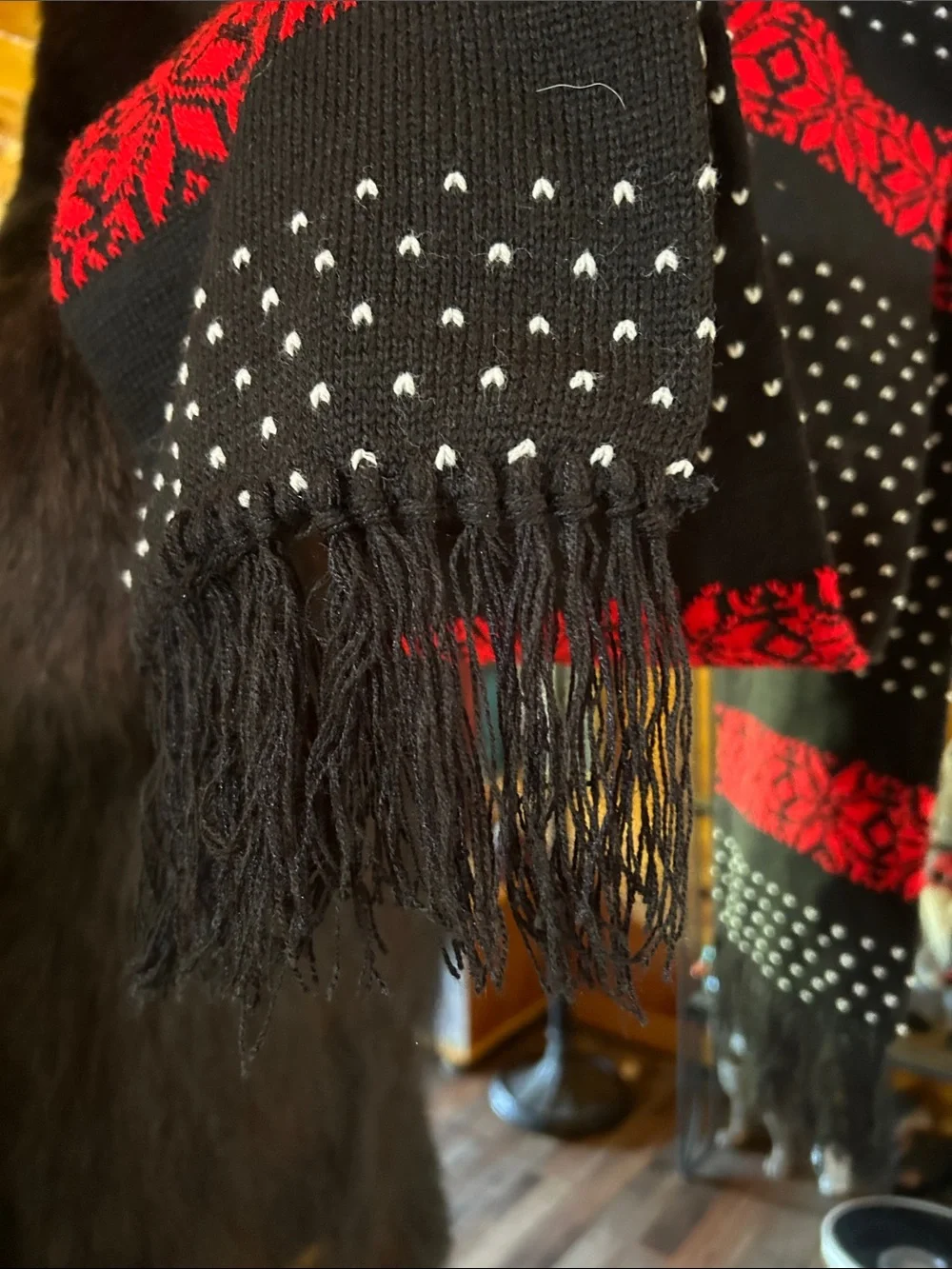 Black and Red Patterned Fringe Wrap Scarf - Elegant Winter Accessory